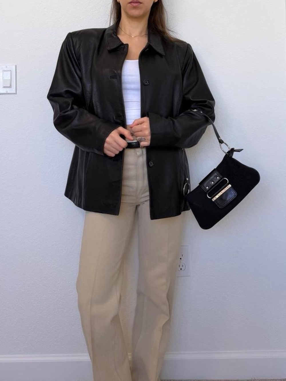 Vintage Alfani Black Leather Button-Front Jacket